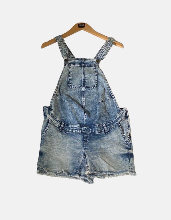 Distressed Denim Overall Shorts with Raw Hem